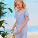 SOLY HUX Girl's V Neck Crochet Short Sleeve Beach Dress Summer Swimsuit Bikini Cover Up (8Y, Solid Light Blue)