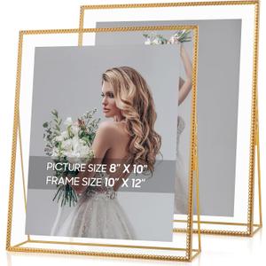 Gold Floating Picture Frame Set of 2, Glass Pressed Flower 8x10 Picture Frames, Tabletop Standing Large Lace Edge Gold Floating Frame for Photo Display