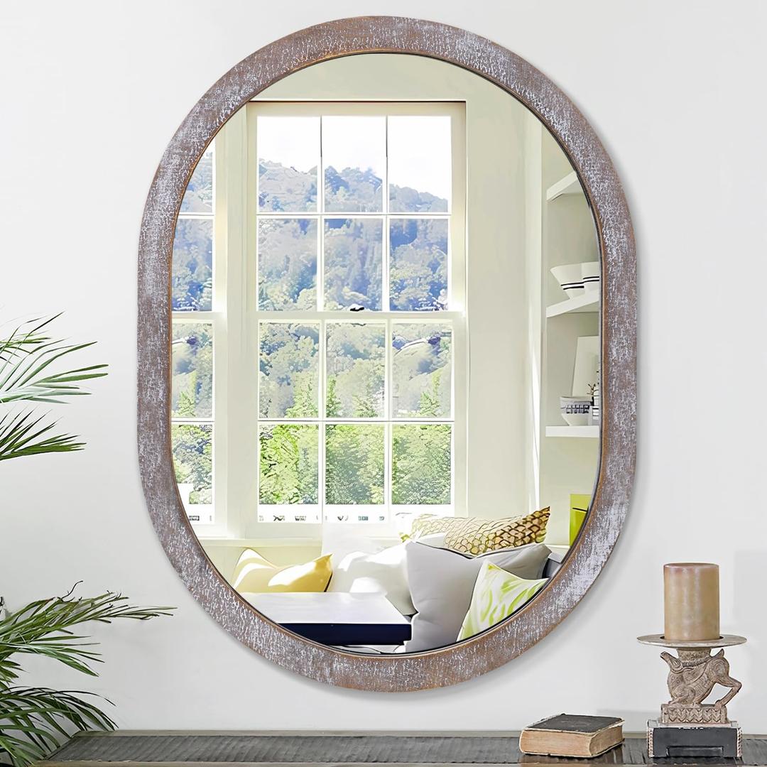 JJUUYOU Rustic Brown Oval Wall Mirror for Bathroom, Hanging Vanity Oval Mirror for Vanity Living Room Entryway Bedroom More (20"L x 16"W, Rustic Brown)