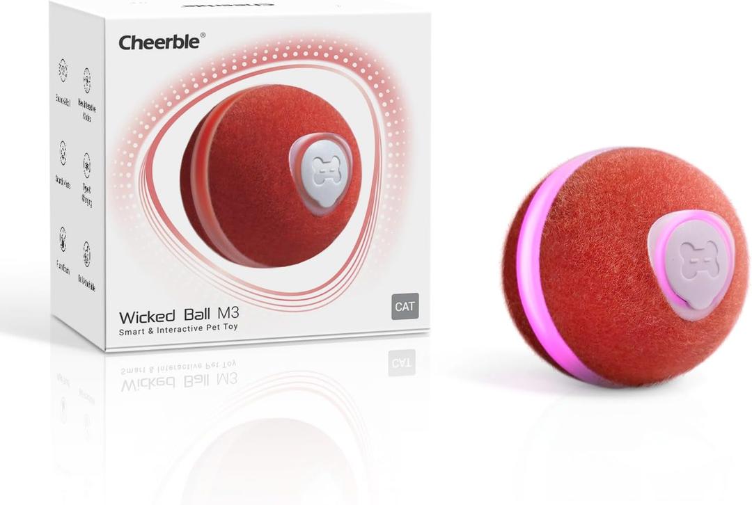 Cheerble Interactive Cat Ball Toy, Wicked Ball M3, Automatic Moving Smart Anti-Depression Pet Toy Fun Gift with Light (Red)