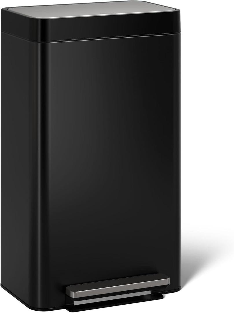 Kohler K-20941-BST Kitchen Trash Can, 8 Gallon Trash Can Trash with Quiet-Close Lid and Hands Free Foot Pedal in Black Stainless Steel