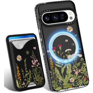 Toycamp for Pixel 9 Pro XL Case - Compatible with Magsafe Credit Card Holder Wallet Magnetic Cute Women Teen Girls Kawaii Girly Unique Flower Plants Design Phone Cover for Google 9 Pro XL