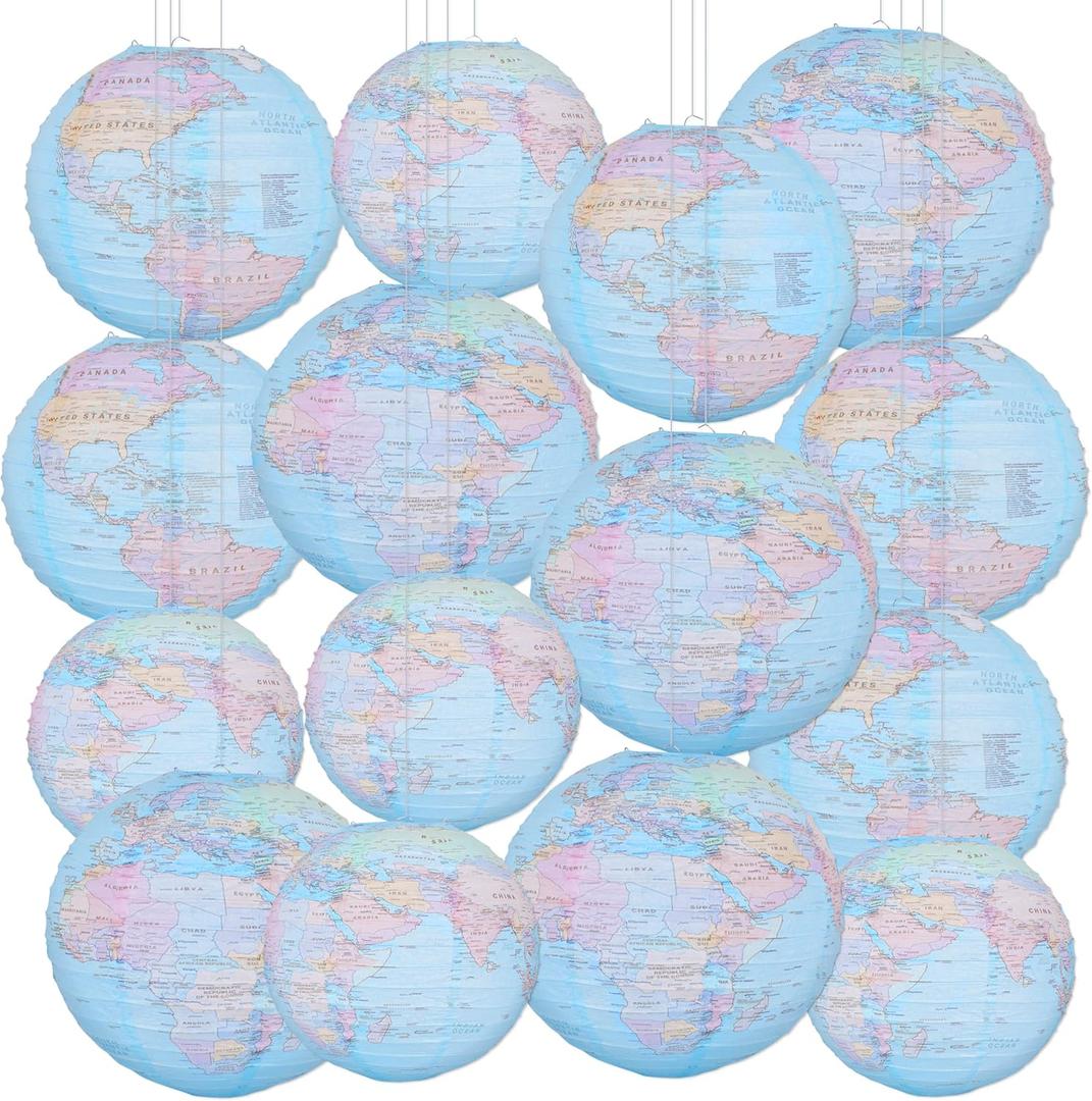 15Pcs Around The World Paper Lantern Hanging Decorations Travel Map Globe Theme Decor for Earth Day Classroom Birthday Party Supplies