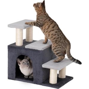 3-in-1 Pet Stairs for Cats, Dog Steps for Small Doggie, 6.29''Depth Cat Stairs, Indoor Cat Ladders for High Bed for Pet's Joints,Soft Plush, 1 Cat Condo Cave, Sisal Scratching Posts, Grey, Medium