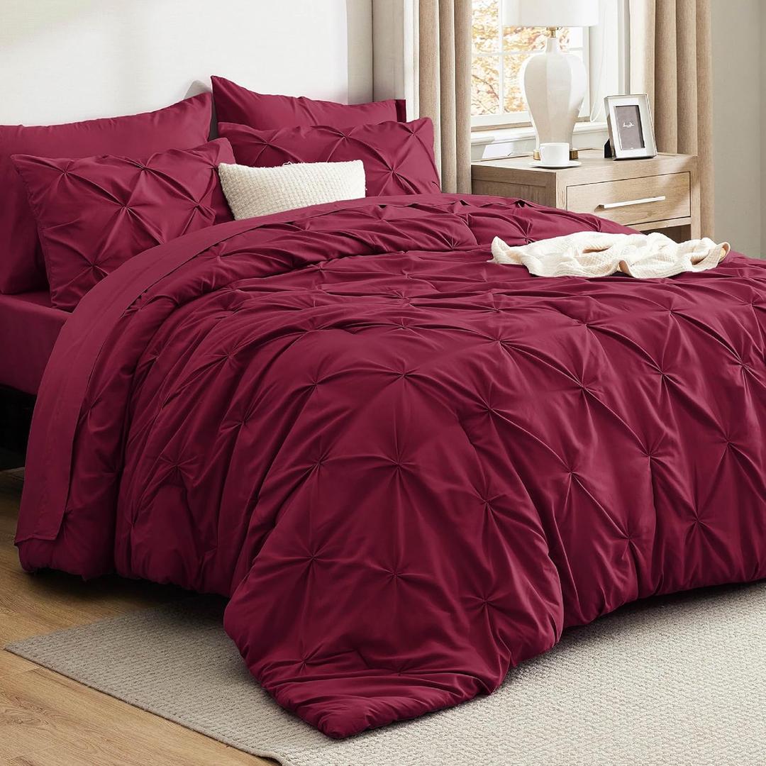 Bedsure King Size Comforter Set Dark Red - Bed in a Bag Bedding Set 7 Pieces, GentleSoft Pintuck Bed Set Gift for Family, Pinch Pleat Dark Red Comforter with Sheets, Pillowcases & Shams