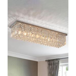 7PM Rectangular Chandelier, Modern Dining Room Light Fixture with Luxury K9 Raindrop Chandelier Crystals, 6 Lights Flush Mount Rectangle Chandelier for Kitchen, Living Room, L31.5'' x W10'' x H10'' (ChromeCeiling))