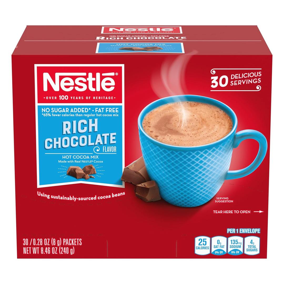 Nestle Hot Chocolate Packets, Hot Cocoa Mix, No Sugar Added and Fat Free, Bulk Pack, 0.28 oz Packet (Pack of 30) (8.4 Ounce (Pack of 1))