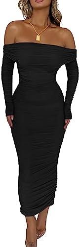 PRETTYGARDEN Women's Fall Off The Shoulder Maxi Dress Spring Long Sleeve Ruched Fitted Bodycon Club Dresses with Slit M