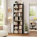 FOTOSOK 71'' Tall Bookshelf with 14 Cubes, 7 Tier Double Wide Wood Bookshelf with 6 Adjustable Shelves, 19.6" Narrow Bookcase DVD/CD Media Storage, Space Saving Display Shelf Cabinet, Black/Brown, 19.6" W x 9.26" D x 70.9" H