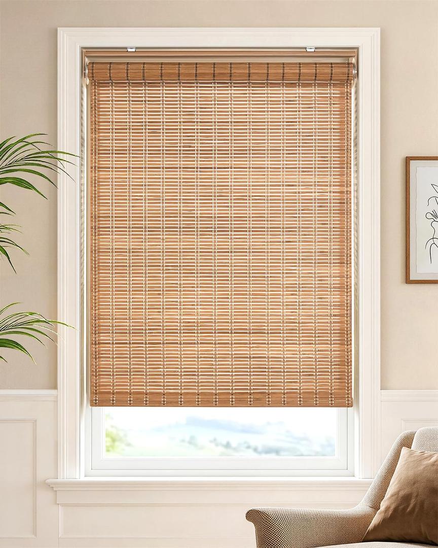 LazBlinds Cordless Bamboo Roller Shades, 31" W x 70" H, Brown206 | Natural Light Filtering Bamboo Window Blinds, Bamboo Roll Up Shades for Bedroom Living Room Office Indoor