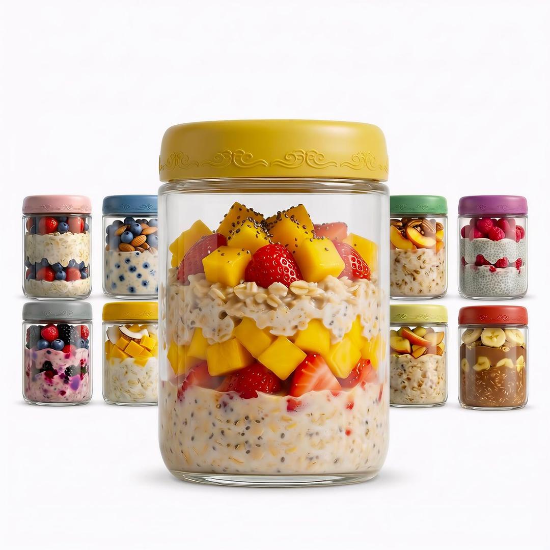 16oz 8Pack Glass Overnight Oats Jars Containers with Airtight Leakproof Lids, Reusable Mason Jars for Meal Prep, Yogurt Parfaits, Smoothies, Salads & Healthy Breakfast(16oz-8Pack)