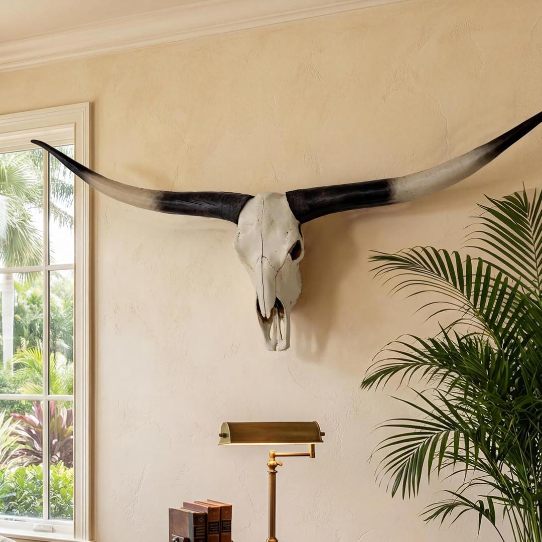 Cow Skull Wall Decor, Longhorn Wall Decor, 70-Inch bull horns Wall Sculpture, Highland Cattle Skull, Faux Taxidermy Animal Head Wall Art, Handmade Rustic Farmhouse Decor For Living Room, Bedroom, Holiday Gifts(Black)