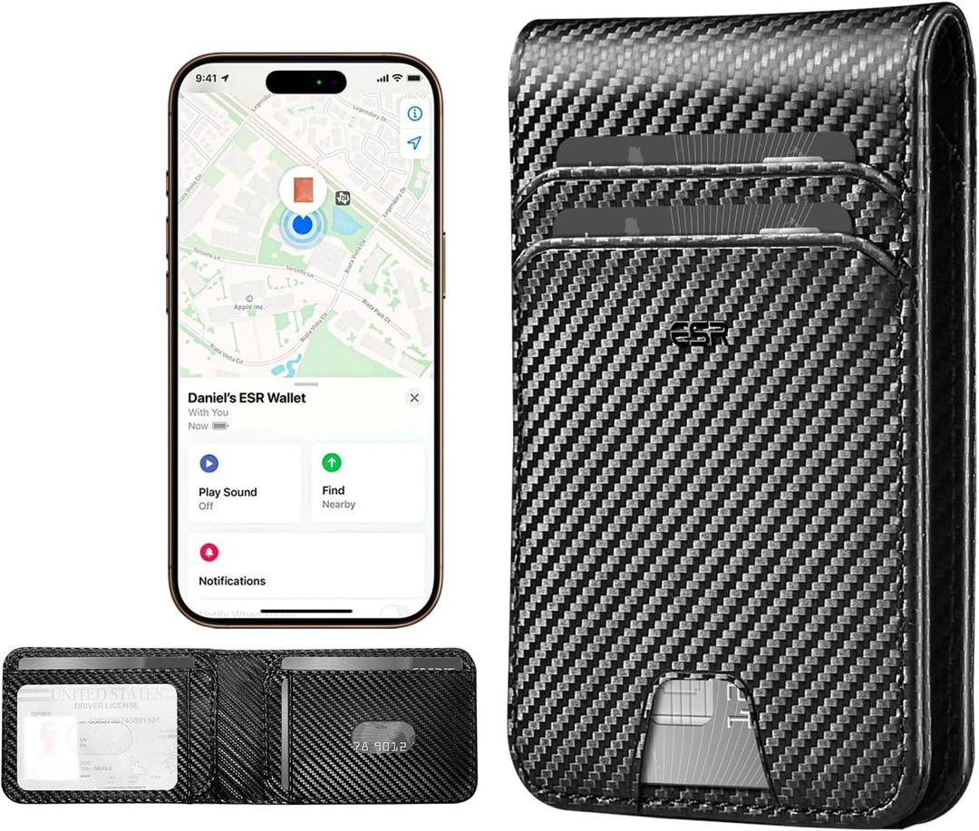 ESR Geo Wallet with Find My Functionality, RFID Blocking, Holds up to 11 Cards, Slim and Smart Wallet for Men, Replacement for AirTag Wallet Tracker(iOS Only, Not for Magsafe), Carbon Fiber
