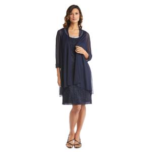 R&M Richards Women's Glitter Chiffon Dress & Flyaway Jacket Set with Jewel Neckline, Evening Wear, Formal Occasions, Party Navy, Size 18