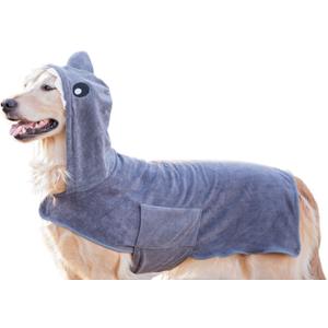 BoxDog Wearable Microfiber Dog Towel with Monster or Shark Hoodie | Soft Dog Bathrobe (Large, Grey Shark)