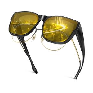 2 Pack Night Vision Driving Glasses Fit Over Eyeglasses for Men Women, Anti Glare Polarized Night time Glasses Yellow Lens