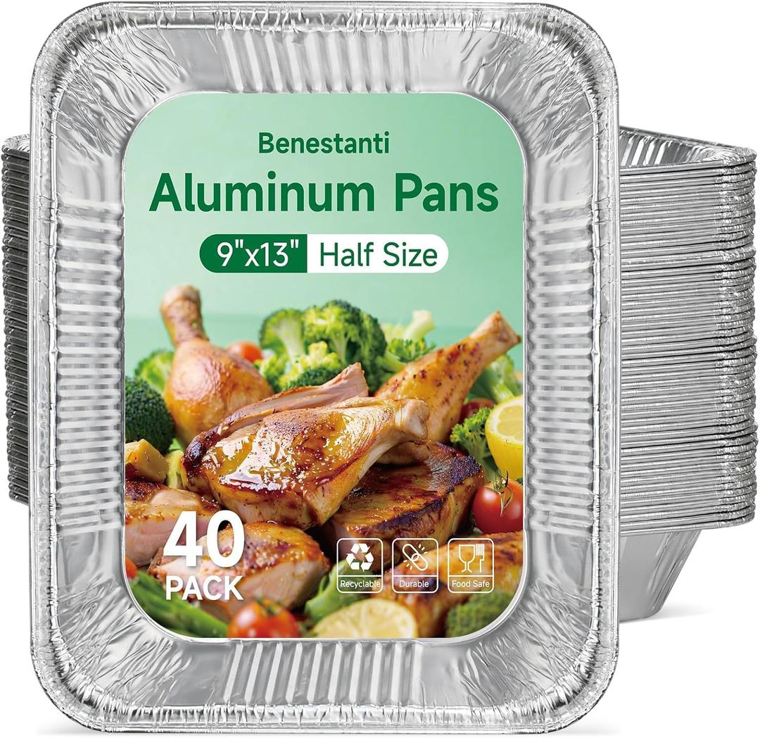 Benestanti 9x13 Inch Aluminum Pans - 40 Pack, Heavy Duty Half Size Disposable Aluminum Foil Pans,Deep Baking Pans for Cooking,Roasting Turkey, Parties, Christmas, and Steam Tables
