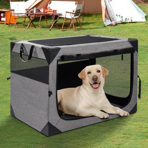 30 Inch Portable Travel Dog Crate, 3 Door Collapsible Soft Pet Kennel with Durable Mesh Windows for Medium Dogs, Foldable Dog Cage with Storage Pocket for Outdoor (Light Grey)