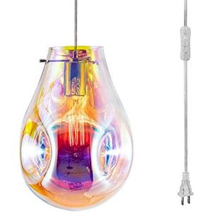 Plug in Pendant Light with Cord E26 E27, Modern Glass Handblown Colorful Hanging Lights with Plug in Cord for Kitchen Island Living Room Dining Room Restaurant