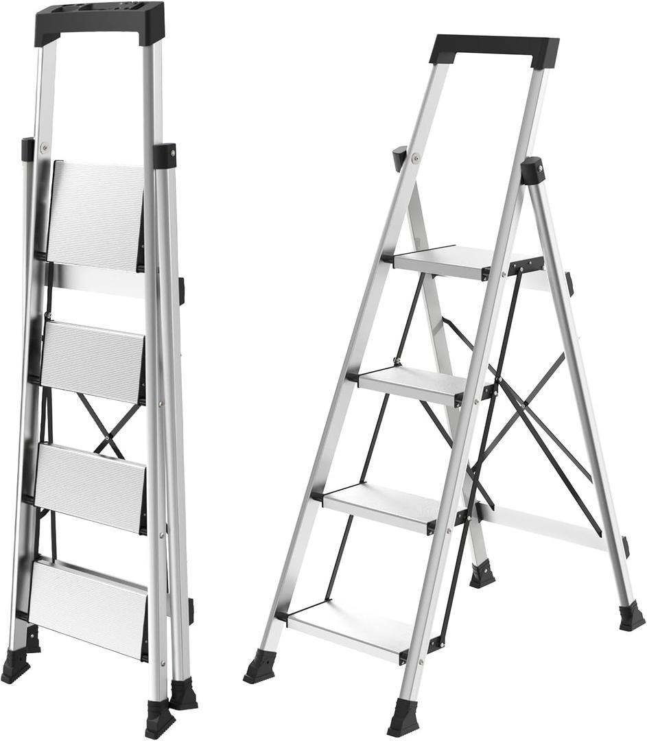 HBtower 4 Step Ladder, Lightweight Aluminum Ladders for Home with Tool Tray, Anti-Slip Folding Step Stool for Adults, Sturdy Portable 330LBS Capacity