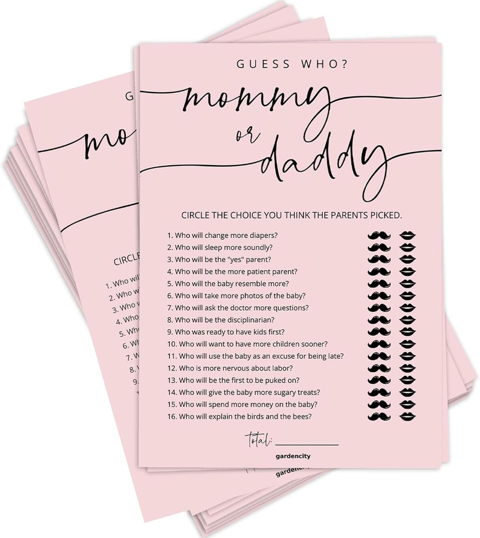 GardenCity 50 Mommy or Daddy? Baby Shower Game Cards, Fun Baby Shower Games for Girl, Gender Neutral - Pink