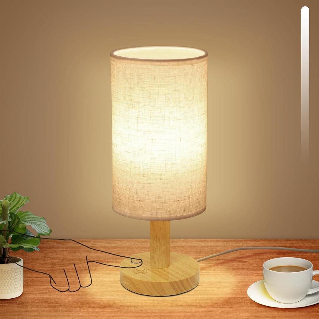 Small Touch Table Lamp with Stepless Dimming&USB Plug,Natural Round Wood Base&Linen Fabric Shade |Soft Ambient Warm Night Light|Minimalist Boho Bedside Lamp for Bedroom,Nightstand,Nursery,Kitchen,Dorm
