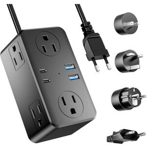 European Travel Plug Adapter, EU/UK/US Travel Plug Adapter Power Strip, 6 AC Outlets, 4 USB Ports (2 USB C), 3ft Wrapped Around Extension Cord, Compact for Travel, Black