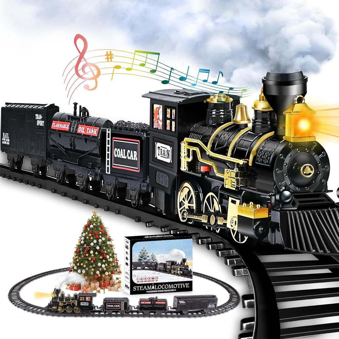 AuroTops Christmas Train Set, Kids Train Set for Under The Trees, Toys for Boys Girls with Steam Locomotive, Coal Carriage, Fuel Tank, Sounds & Lights for 3 4 5 6 7 8+Years Old