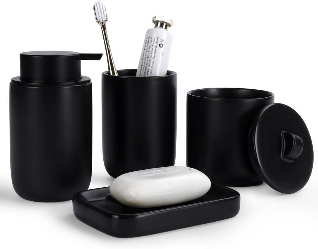 BosilunLife Ceramic Bathroom Accessories Sets - Black Bathroom Vanity Sets Accessories Soap Dispenser Toothbrush Holder Set, Soap Dish and Cotton Swab Jars, Bath Accessories Sets for Bathroom