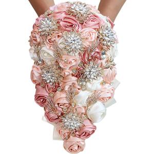 Luxury Cascade Bridal Wedding Bouquet Satin Rose Waterfall Holding Bouquet Artificial Flower Bunch for Bride Bridesmaid(Ivory, Blush & Peach Pink, 17.3" x 8.7")