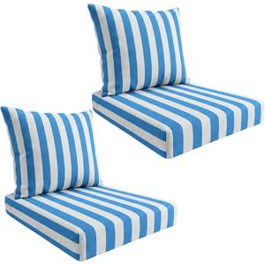 Outdoor Deep Seat Cushion Set, Weatherproof and Fade-Resistant Patio Chair Cushions, 24x24x4 in, 2-Piece Set, with Non-Slip and Outdoor Cushions, Suitable Chairs and loveseats (Blue and White Stripes)