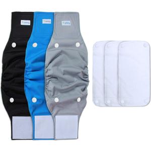 Teamoy Belly Bands for Male Dogs with Removable Pads, Reusable Washable Puppy Dog Diaper Wraps(Pack of 3), L1 (Gray+black+blue(white Lining))