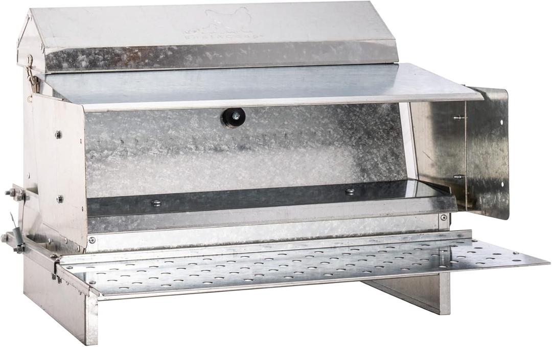 RentACoop Automatic Metal Treadle Feeder - Outdoor Use, Rainproof - Suitable for Chicken, Bantams, Poultry, Pheasants, etc. - 25lb Capacity