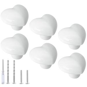 Qjaiune 6pcs Ceramic Cabinet Drawer Knobs, White Heart Shaped Dresser Knobs, Cute Vanity Pull Handles for Kids, Girls, Children's Bedroom