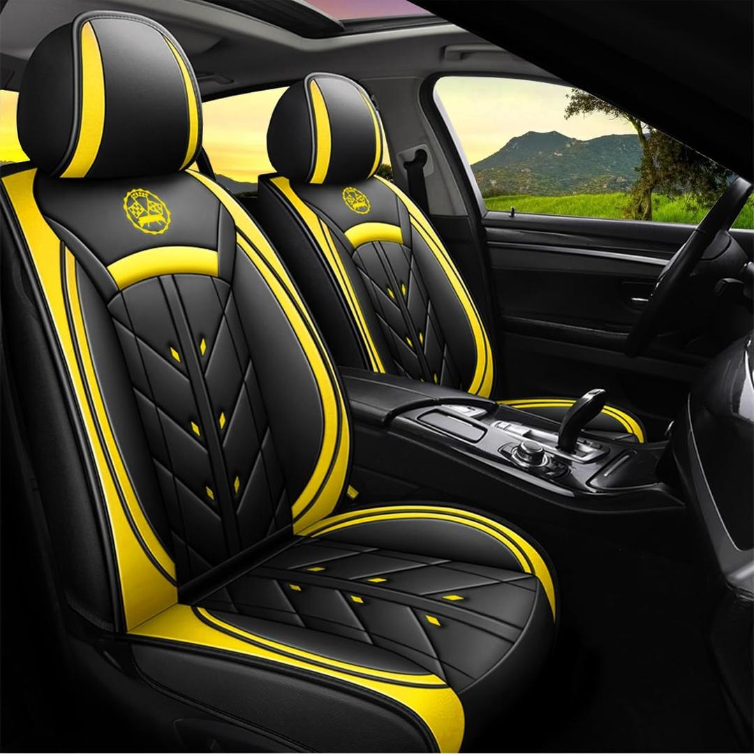 Comfortable Leather Auto Car Seat Covers 5 Seats Full Set Universal Fit (Black & Yellow)