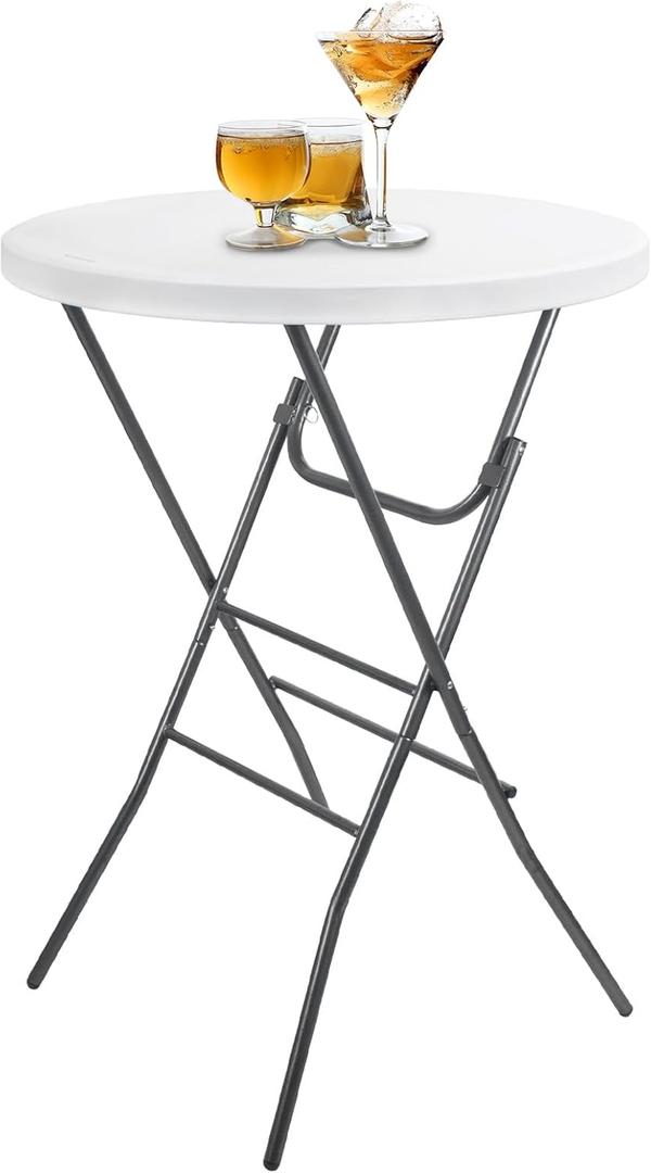 Cocktail Table 28in Portable Folding Bar Height Table, Compact Round High Top Plastic & Steel Bistro with Removable Legs, for Indoor Outdoor RV Patio Catering Parties Commercial Events (White)