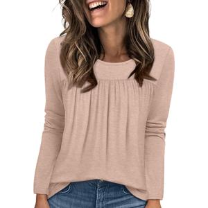 WIHOLL Long Sleeve Shirts for Women Pleated Fall Tops Crewneck Casual Tunic Tops to Wear with Leggings Fashion Clothing (Beige, L)