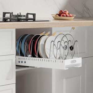 Pots and Pans Organizer Under Cabinet with Drip Tray, 21" Deep Pull out Cabinet Organizer Adhesive, Pull Out Pot Lid Organizer and Storage with 9 Adjustable Dividers No Drill Pot and Pan Holder Rack (20.5in Depth, White(1 pack))