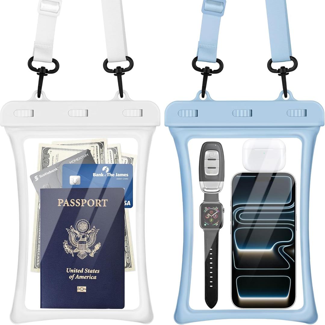 CACOE [Floatable Floating Universal IPX8 Waterproof Phone case 2 Pack-Up to 10.0",Adjustable Lanyard Phone Pouch,Dry Bags for Vacation Beach Pool Kayak Cruise Travel EssentialsWhite+Light Blue