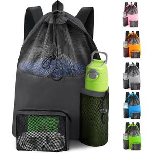 Swim Mesh Beach Bag, Waterproof Gym Bags for Women and Men, Large Pool Bag Swimming Gear Drawstring Backpack (Ink Black)