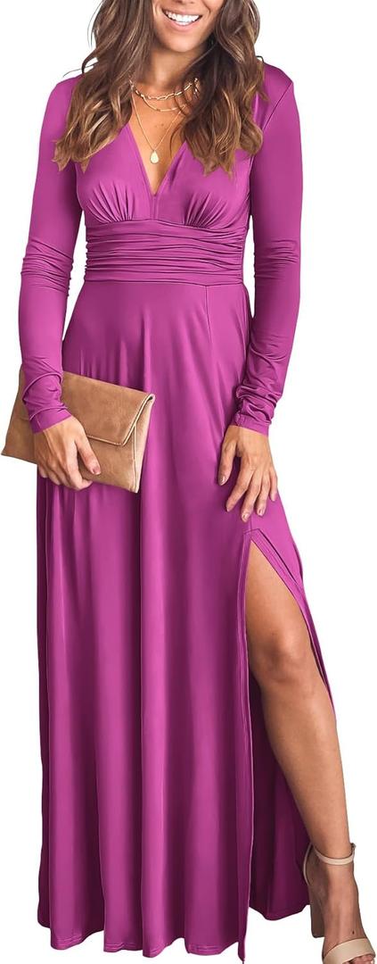 ANRABESS Women Deep V Neck Long Sleeve Slit 2025 Fall Elegant Formal Wedding Guest Cocktail Evening Date Prom Maxi Long Dress (Large, Z-fushascia Pink)