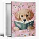 Funny Animal Canvas Wall Art Cute Dog Reading Books In Bed Posters Vintage Trendy Pink Preppy Print Painting Picture Pet Lovers Wall Decor for Girls Bedroom Living Room Bathroom 12x18inch Framed