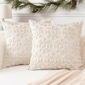 OTOSTAR Set of 2 Xmas Soft Plush Short Wool Velvet Decorative Throw Pillow Covers Square Luxury Style Cushion Case Pillow Shell for Sofa Bedroom Snowflake Cream Beige, 28x28 Inch