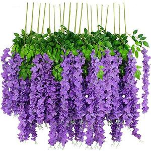 12pcs Artificial Wisteria Flowers 3.6 Feet/Piece Purple Dense Artificial Fake Wisteria Vine Ratta Hanging Garland Silk Flowers String Home Party Wedding Decor（Purple-Dense）