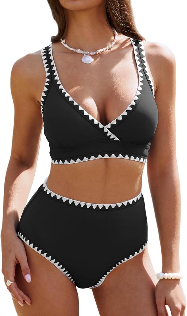ZAFUL Womens High Waisted Bikini Sets Floral Print Whip Stitch 2 Piece Swimsuits V-Neck Crisscross Tie Back Bathing Suit, Black, X-Large