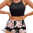 Herseas Women's Bikini Sets Black Floral Print High Waisted Longline Two Pieces Swimsuits Modest Sporty Teens Drawstring Swimsuits Bathing Suits, Small