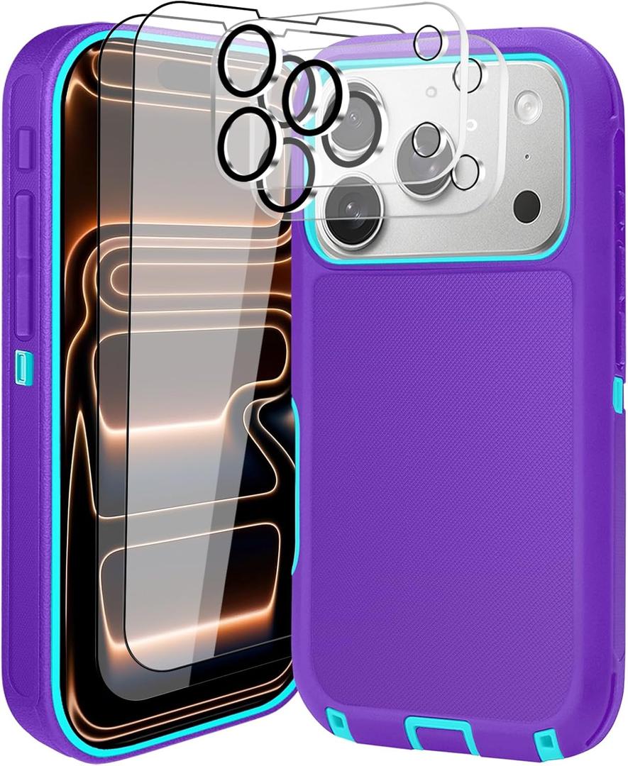 for iPhone 17 Pro Case (6.3"), with 2 Tempered Glass Screen Protector [Heavy Duty Military-Grade Full Body Drop Protection] Shockproof Tough Durable 6.3 InchPurpleBlue+Lens