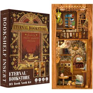 Fsolis Book Nook Kit DIY Miniature House Kit, 3D Wooden Puzzles for Adults, 172 Pieces, Booknook Craft Diorama Bookshelf Insert and Bookends, Gifts for Women Book Lovers(Eternal Bookstore)