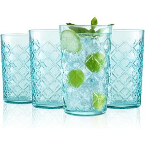 CREATIVELAND Drinking Highball Glasses Set of 4, Vintage Cross Hatch Glass Cups, 16.2oz Tall Drinking Water Glasses, Dishwasher Safe Blue Glass Tumbler Glassware for Water, Juice, Cocktail, Coffee