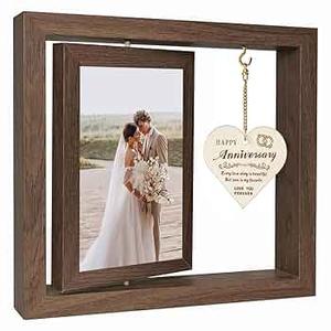 Happy Anniversary Rotating Picture Frame Gift, Acrylic Floating Photo Frame Engagement Wedding Gifts for Her/Him, Wife, Husband, Man, Couple, Boyfriend, Girlfriend, 4x6 Inch Photo Frame for Valentines Day Lover